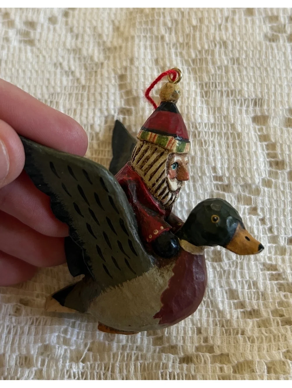 Hand-Carved Wooden Bird and Santa on Duck Christmas Ornaments